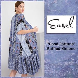 Easel "Good Fortune" Mixed Floral Print Ruffled Long Flowy Open Cardigan Kimono